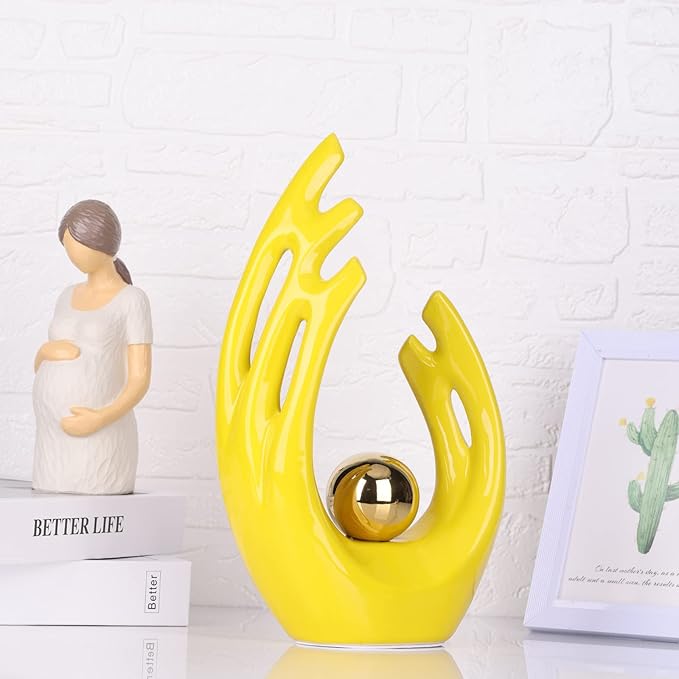 12"H Yellow Gold Aesthetic Room Decor Accent, TV Stand Funky Table Centerpiece, Abstract Art Ceramic Statue and Sculpture, Yellow Decor for Living Room, Bookshelf Decorative Objects, Shelf Decor