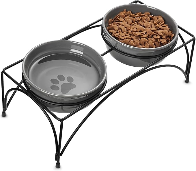 Y YHY Ceramic Raised Pet Bowls 24 oz Capacity 5.2” Height Sturdy Metal Stand, Grey