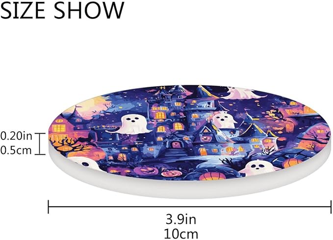 Coasters for Drinks Coaster Drink Set Decorative Coffee Table Desk Cup Mat Spring Cute Cork Bar Backing Round Home Decor Cartoon Halloween Bat Castle Ghost Pumpkin44