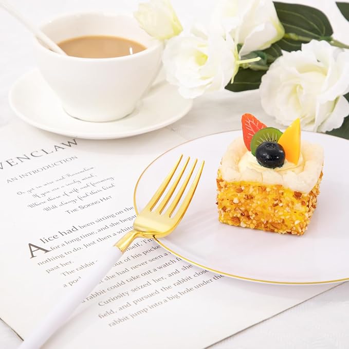 I00000 72PCS White Plastic Dessert Plates 7.5" with 72PCS Disposable Forks 8.5", Disposable White Dessert Plate, Fancy Salad Plates with Gold Rims Perfect for Wedding
