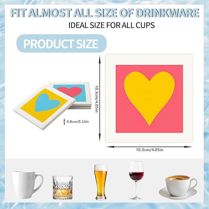 MAYCARI Love Hearts Printed Coasters Set of 6 Cork Backed Minimalist Aesthetic Coasters with Metal Holder Ceramic Surface Drink Cup Mats for Tabletop Protection Desk Decoration Valentine's Day Gifts