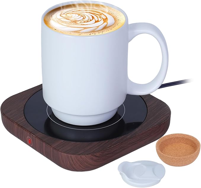 Coffee Mug Warmer & Mug Set for Desk, Electric Coffee Cup Warmer with Ceramic Mug, Smart Heated Coffee Mug with Auto Shut Off for Office/Home, Christmas/Birthday/Coffee Gifts for Men & Women, Wood