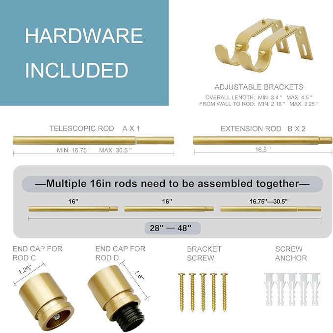 Curtain Rods for Windows 16 to 48 or 60 Inches Max Adjustable Length 1 Inch Diameter Window Curtain Rod with Aluminium Finials, Flash Gold