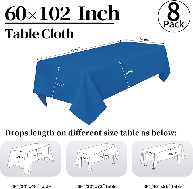 8 Pack Royal Blue Tablecloth 60 x 102 Inch Rectangular Table Cloth for 6 Foot Rectangle Tables, Wrinkle Resistant Washable Polyester Fabric Table Covers for Wedding Party Banquet Buffet and Camping