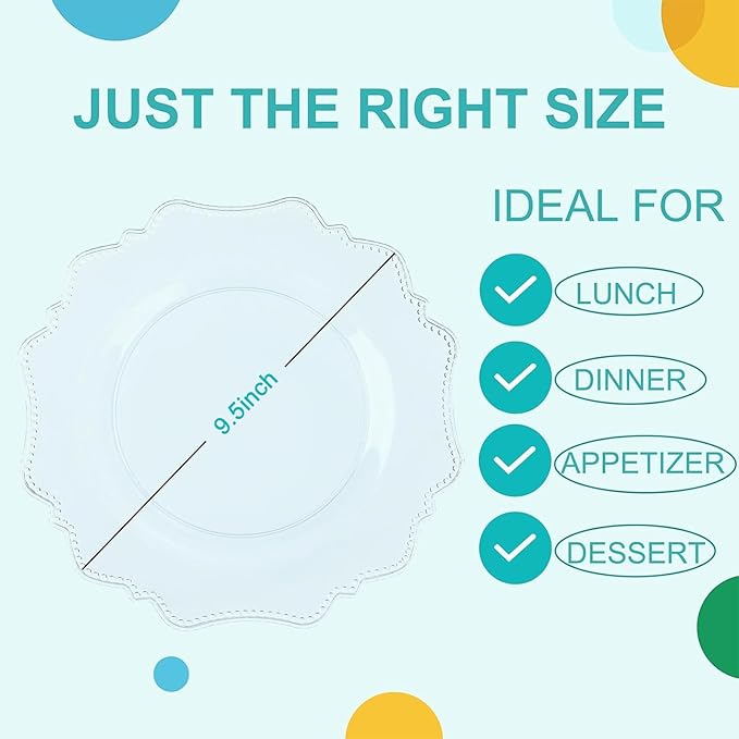 COLOSUS 100pcs 9.5 Inch Clear Plastic Plates,Heavy Duty Disposable Dinner Plates,Fancy clear Plates,Premium Plastic Dinner Plates for Party,Thanksgiving and Everyday Use