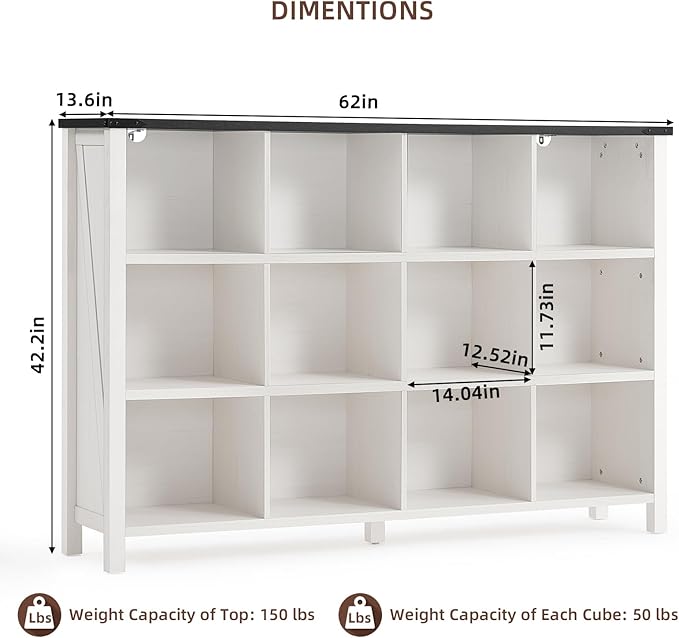 12 Cube Storage Organizer, Farmhouse 62 Inch Warm White Display Bookshelf, Wooden 3 Tier Large Open Book Shelf, Modern Bookcase for Home Office, Rustic Cubby Cabinet for Living Room, Bedroom