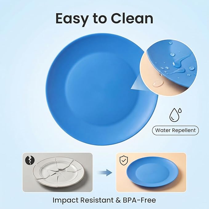 Plastic Plates Reusable - 10 inch Unbreakable Dinner Plate set of 12 - BPA Free Dishwasher Safe Microwave Plates - Everyday Large Plate for Kids Kitchen Salad Party Outdoor