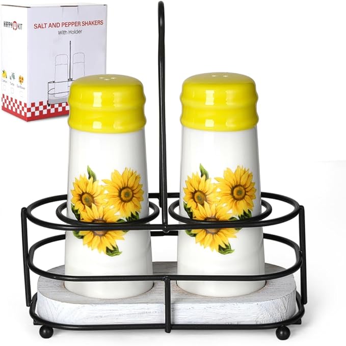 Salt and Pepper Shakers - Farmhouse Sunflower Salt and Pepper Shakers Set with Metal Holder & Refill Funnel, Countryside Dining Accessories for Cottage Homes & Outdoor Picnics (Gift Box Ready)