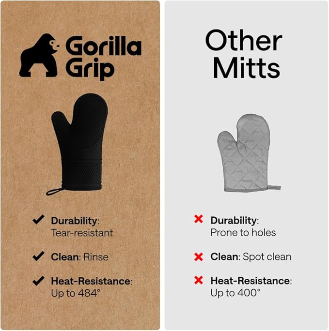 GORILLA GRIP BPA-Free Soft Silicone Oven Mitts, Heat Resistant and Waterproof Cooking Safety Gloves, Thick Cotton Lining, Flexible Gripping, Kitchen Potholders Set, for Grilling, BBQ, 12.5x8.3, Black