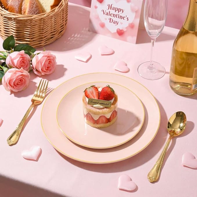I00000 150 PCS Pink Plastic Plates for Party,Heavy Duty Pink Disposable Plates,Gold Dinnerware Set Include 30 Dinner Plates,30 Dessert Plates,30 Gold Plastic Silverware Set for Valentine's Day