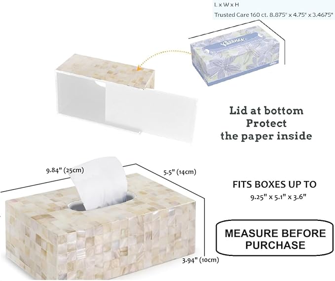 PEMAR Handmade Mother of Pearl Tissue Box – Elegant Rectangular Capiz Shell Cover, Decorative Napkin Holder for Living Room, Bathroom, or Office Décor (Max Inner Size 9.2"x5"x3.5", White Cream)
