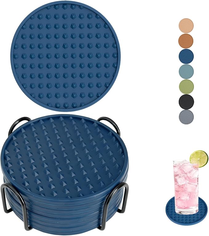 Set of 8 Silicone Coasters, 4'' Drink Coaster with Holder, Round Coasters for Drinks Beer Coffee Home Office Bar Desk Tabletop Protection, Non-Slip Rubber Coaster (Navy Blue, 8 Pcs-Metal Holder)