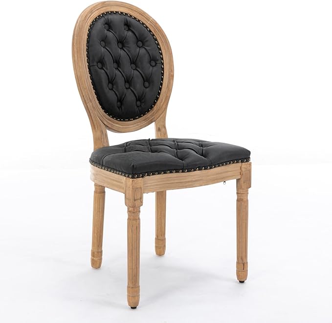 Ball & Cast French Vintage Upholstered Dining Chairs Set of 2, Button Tufted Kitchen Side-Chairs with Carved Antique Wood Frame & Nailhead Trims, PU-Leather Curved Backrest Louis Chair, PU Black