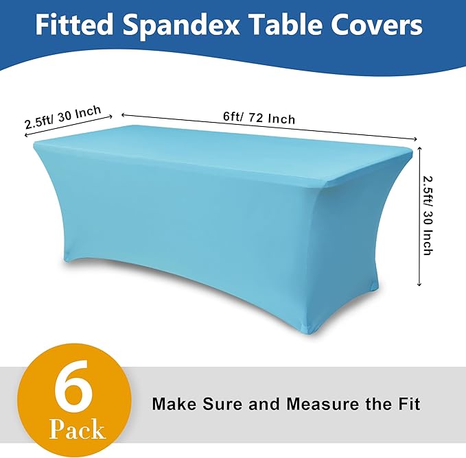 Stretch Table Cover for 6 Foot Tables-6 Pack Light Blue Spandex Fitted Tablecloth-Elastic 6ft Folding Tablecloths for Party, Vendor Booth Display, Banquet Buffet Event, Craft Trade Show