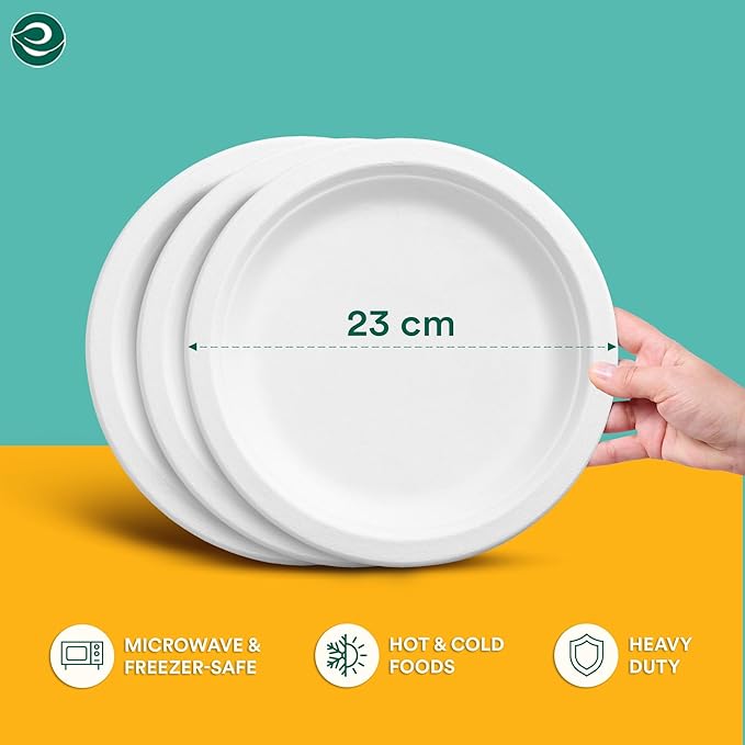 ECO SOUL 9 Inch Compostable Disposable Paper Plates [400 Pack] Food Safe 100% Virgin Bagasse Pulp Heavy Duty Biodegradable Microwave Safe Large Round Dinner Plate for Party, Picnic & BBQ (White)