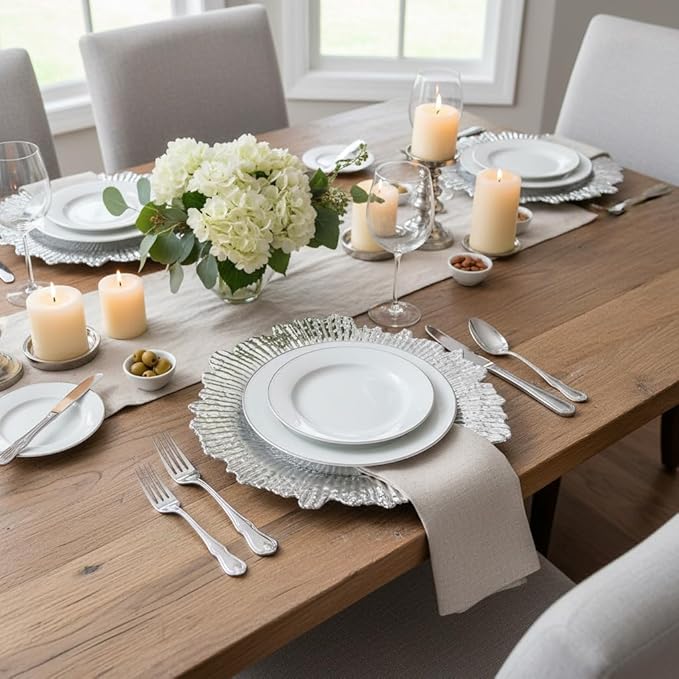 LOYALHEARTDY 24 Pack 13 Inch Silver Charger Plates, Plastic Reef Textured Rim Round Decorative Underplates for Wedding, Party, Dinner Table