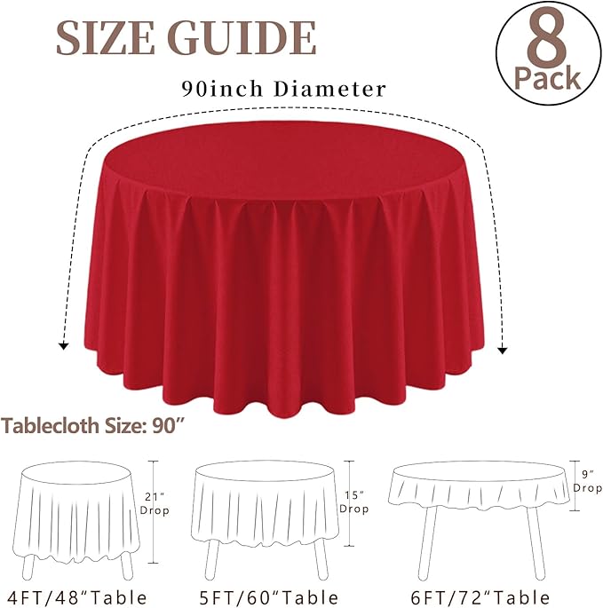 8 Pack Red Round Tablecloth 90 Inch Valentine’s Day Red Table Cloth, Washable Polyester Fabric Stain and Wrinkle Resistant Table Cover for Party Wedding Buffet Dining Banquet Anniversary