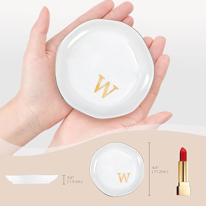 ProCase Ceramic Jewelry Tray, Initial Ring Dish Trinket Plate Engagement Gift, Small Personalized Monogram Ring Bowl for Wedding, White Decorative Jewelry Holder for Women Vanity -Letter W