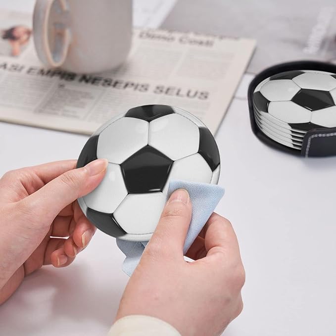 Football Soccer Coasters for Drinks with Holder Leather Coasters Set of 6 for Coffee Table