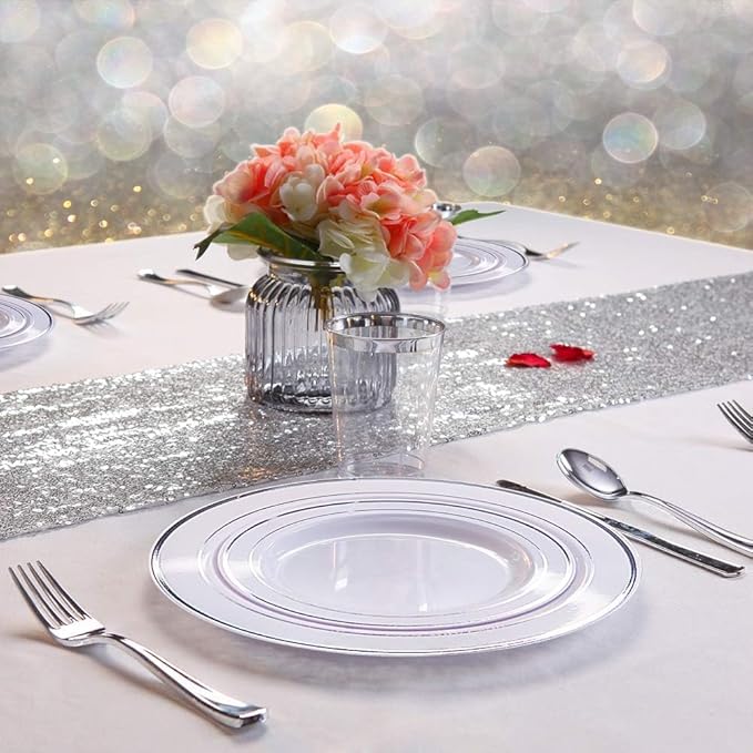 WDF 60PCS Silver Plastic Plates Disposable - Silver Plates Include 30 PCS 10.25inch Dinner Plates and 30PCS 7.5inch Salad Plates for Wedding & Party Christmas