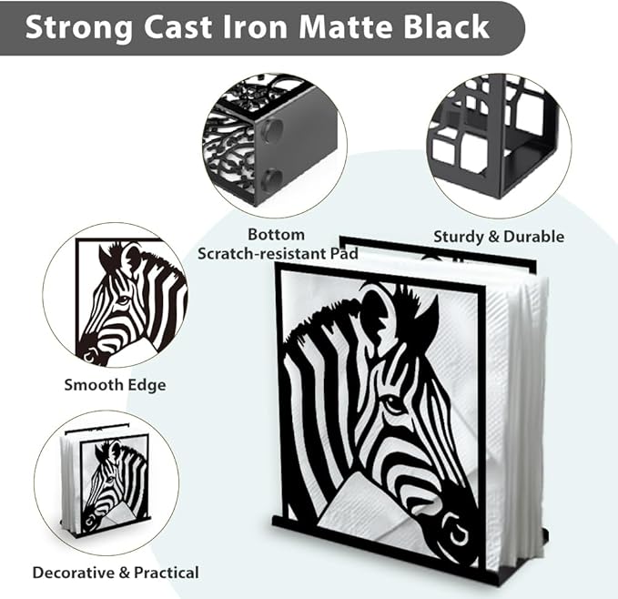 Zebra Decorative Black Metal Napkin Holder for Table, 5.3" x 4.9" x 1.9" Zebra Wild Animal Standing Napkin Holder for Home Kitchen Restaurant Picnic Party Coffee Bar Dining Room