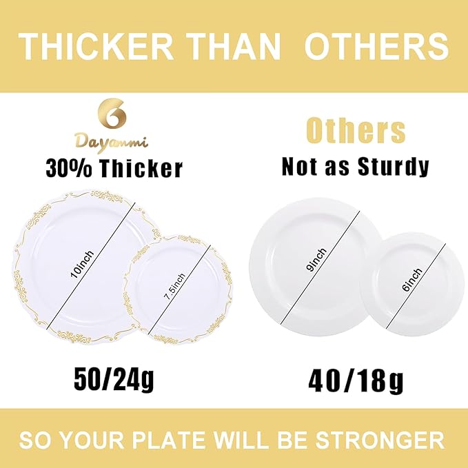 DaYammi 60PCS White and Gold Plastic Plates, Gold Rim Plates Disposable Heavy Duty Disposable Plate Premium 10inch White Dinner Plate Hard Plastic Platos for Party Wedding Bridal Shower