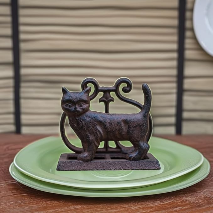 Exquisite Vintage Cast Iron Napkin Holder With Playful Standing Animal Motif - Elevate Elegance And Functionality In Your Table Setting (Cat)