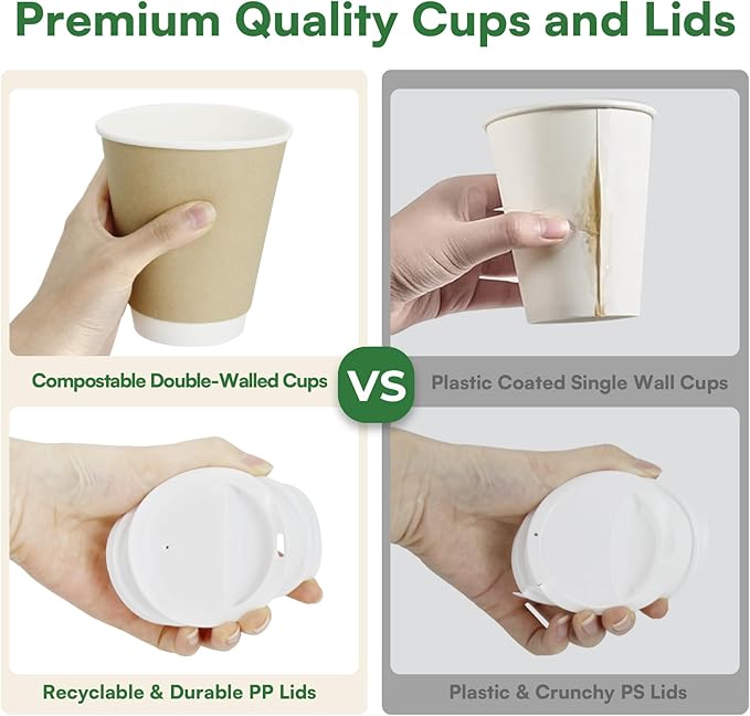 Disposable Coffee Cups with Lids 12 oz To Go Hot Cups,120 Pack Compostable Paper Cups with Lids, BPI Certified PLA Coated Natural Kraft Insulated Disposable Cups for Togo Office Coffee Bar Travel Home