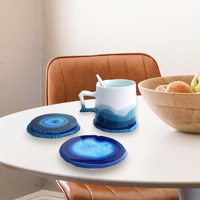 Teal Agate Slices Bulk Geode Coasters Set of 4 with Rubber Bumpers - Unique 4-5 Inch Dyed Stone Drink Crystal Cup Coasters for Home Decor, Coffee Table, Bar Accessories