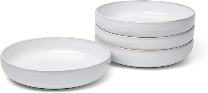 Junko Pasta Bowls Set of 4, 8.3 inch with High Edge Dish Set-Microwave and Dishwasher Safe, Scratch Resistant, Modern Dinnerware- Bowls for Kitchen. Perfect as Salad Bowls (Snow)