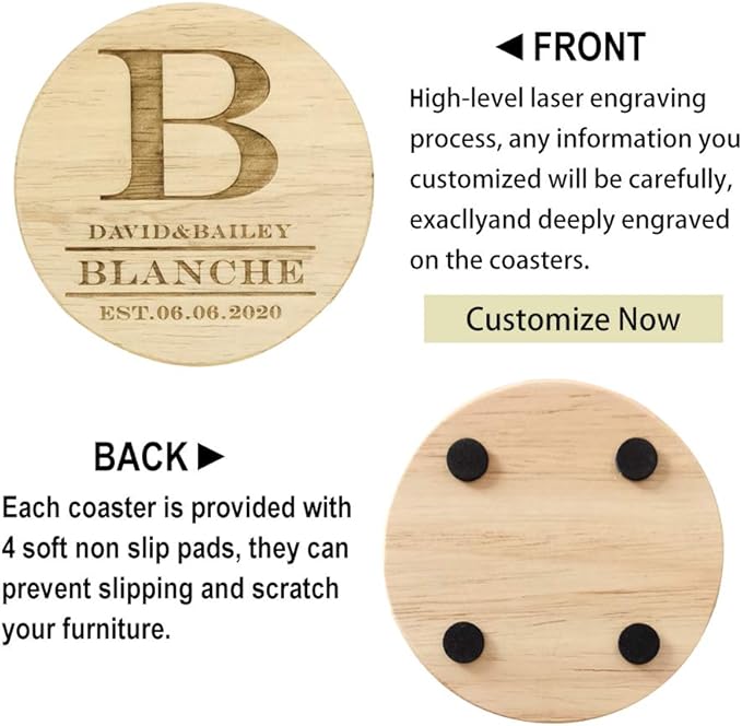 Personalized Monogram Coasters, Custom Engraved - Wooden Drink Coasters, Great Gifts (Set of 6)