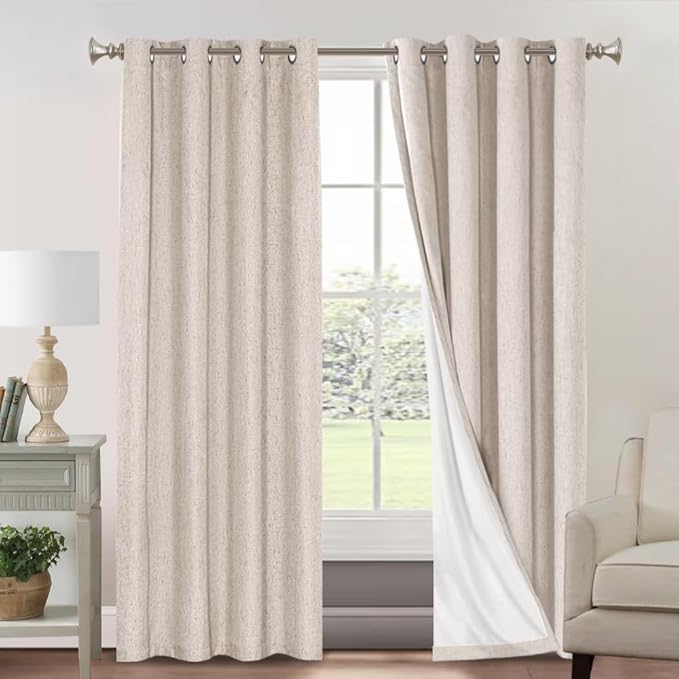 PrinceDeco Linen 100% Blackout Curtains for Bedroom/Living Room Natural Colored Drapes Extra Long Curtains 90 Inch Long for Thermal Insulated Window Curtain Panels Linen Look Fabric with White Liner