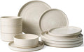 Stoneware Dinnerware Sets, Plate and Bowl Sets for 4, 12 Pieces Spiral Straight Dishware with Speckles and Reactive Glaze, Microwave Dishwasher Safe Family Tableware, Shell Beige