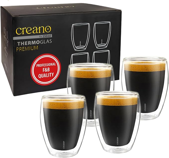 Creano Premium Double-Walled Drinking Glasses 9oz / 250 ml - Set of 4 - Professional Quality - 100% Dishwasher Safe