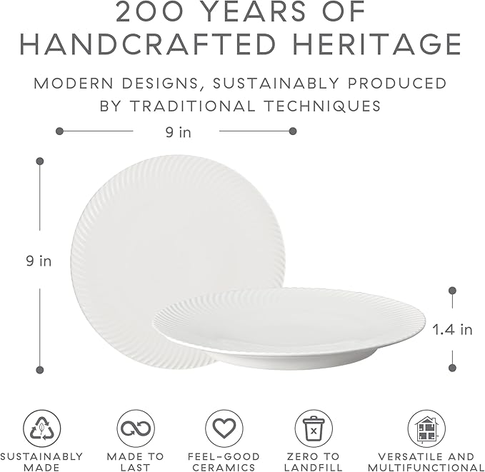 Denby - Arc White Porcelain Medium Plates Set of 6-9 Inch Glazed, Dishwasher Microwave Oven Safe - Scratch Chip Resistant Lunch, Appetizer, Dessert Plates - Dinnerware Plate Set
