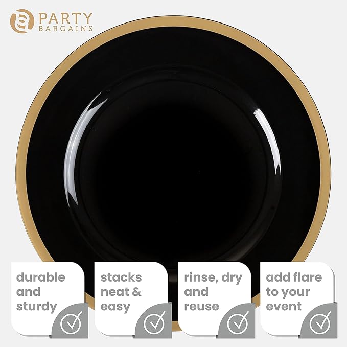 PARTY BARGAINS 13-Inch Charger Plates - 8 Pack, Black Gold Rim, Heavy-Duty Disposable Chargers for Elegant Dining - Ideal for Weddings and Formal Events