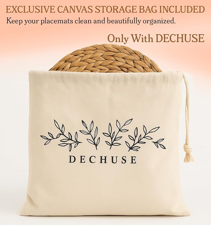 Round Woven Placemats Set of 6 (14 Inch) with Canvas Bag – Handwoven Water Hyacinth Table Mats, Boho Farmhouse Dining Decor, Heat Resistant Wicker Chargers by DECHUSE