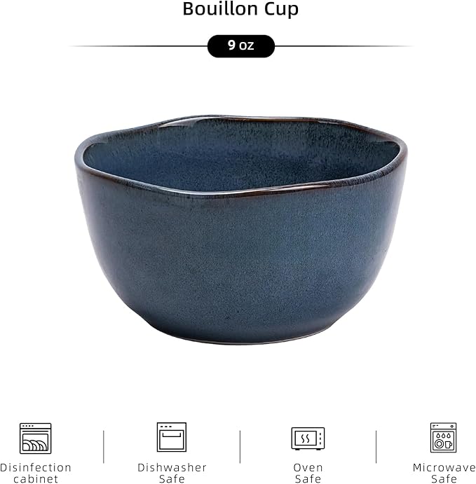 Organic Shape Highland Ceramic Bouillon Cup, 6pcs Handmade Reactive Glaze Stoneware Dip Bowls 9oz with Wavy Edge, for Kitchen, Microwave & Dishwasher Safe, Scratch Resistant-Blue