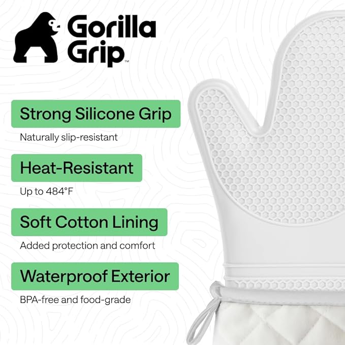 GORILLA GRIP BPA-Free Soft Silicone Oven Mitts, 14.5x8.3, Heat Resistant and Waterproof Cooking Gloves, Thick Cotton Lining, Flexible Gripping for Baking Grilling, Kitchen Potholders Set of 2, White