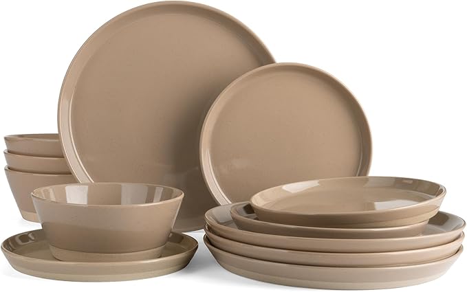 Famiware Saturn Dinnerware Sets for 4, 12 Pieces Stoneware Plates and Bowls Dish Set - Chip and Scratch Resistant, Microwave and Dishwasher Safe Tableware, Cinnamon Brown