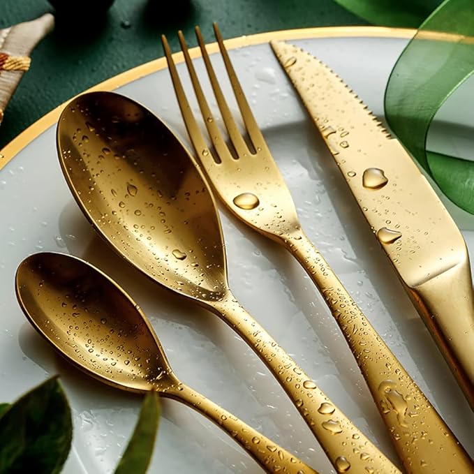 64 Piece Gold Silverware Set for 16,Modern Unique 18/10 Stainless Steel Flatware Cutlery Set, Eating Tableware Set,Vintage Luxury Style Cutlery Set for Home Restaurant Wedding Party