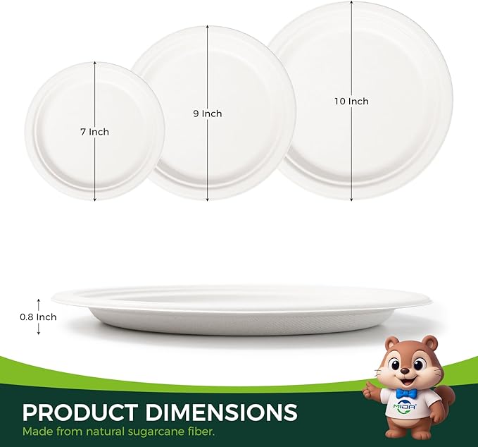 100% Compostable 7 inch Paper Plates, [125-Pack] Disposable Dessert Plates, (BPI Certified)-Heavy Duty, Eco-Friendly Small Paper Plates, Biodegradable Sugarcane Plates, white