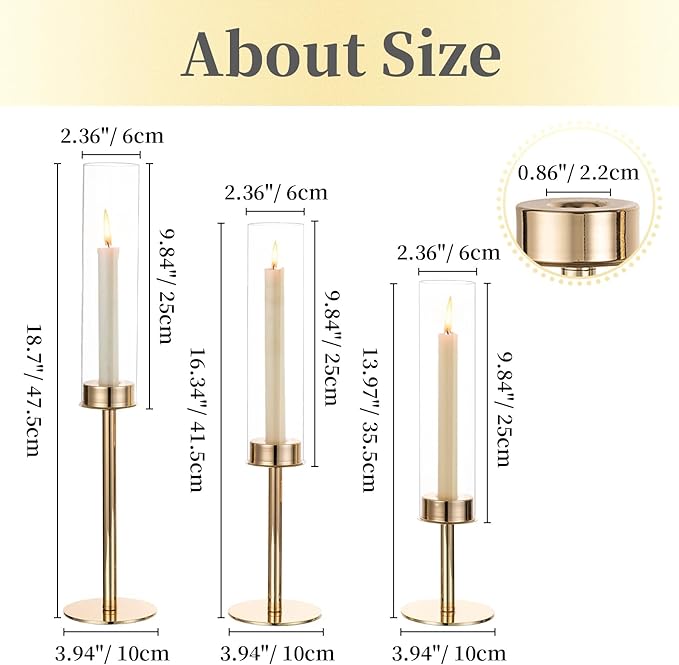 Hewory Gold Candle Holders, 3Pcs Hurricane Candlestick Holders with Glass Candle Cover for Wedding Table Centerpiece Christmas Decor
