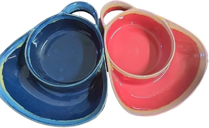 Soup and Side Bowl Plate Ceramic, Chip and Dip Divided Bowls, Anti-Soggy Cereal Bowl Bread Dipping Bowls Plates for Salad Breakfast, and Sandwich Ideal for Home and Restaurant (red+blue)