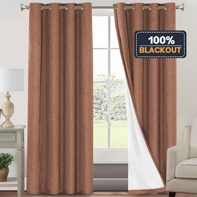 PrinceDeco Blackout Curtains for Bedroom 96 Inches Long Linen Look Curtains for Living Room Black Out Curtains Room Darkening Thermal Curtains with White Liner Backing for Nursery Decor,Washed Spice