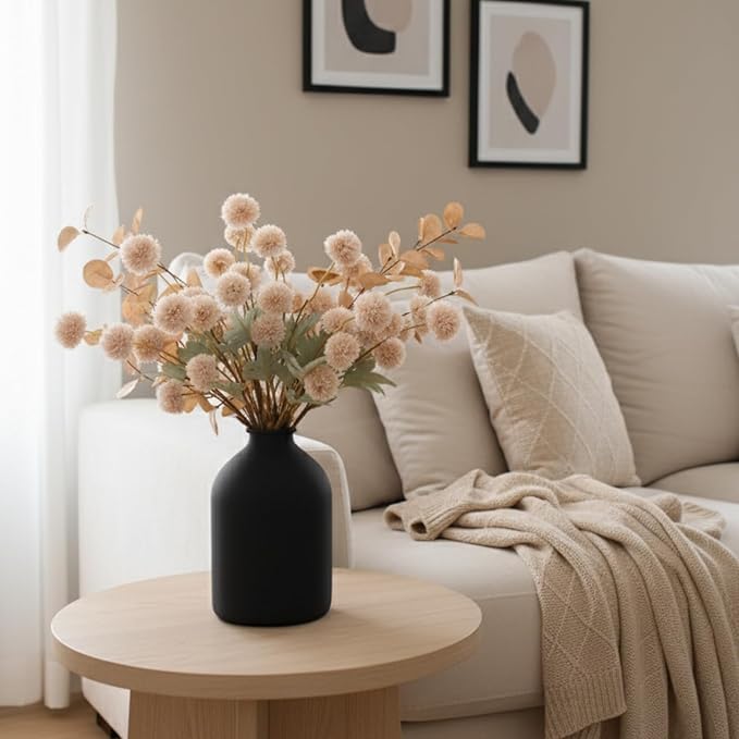 Artificial Flowers for Vase - Beige Silk Mums 10 Long Stems with Eucalyptus, Faux Flowers Home Decor, Neutral Tan Cream Floral Arrangement, Fake Chrysanthemum Pom Pom Stems, Spring Fall Centerpiece