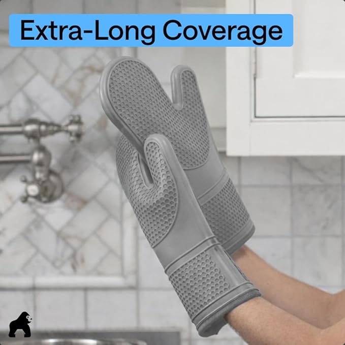GORILLA GRIP BPA-Free Soft Silicone Oven Mitts, Heat Resistant and Waterproof Cooking Gloves, Thick Cotton Lining, Flexible Gripping for Baking Grilling, Kitchen Potholders Set of 2, 12.5x8.3, Gray