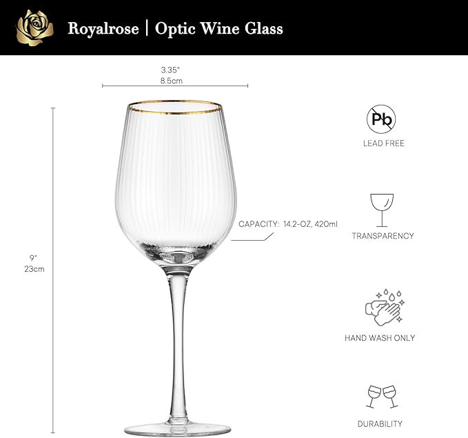 Royalrose Premium Cheerfull Wine Glasses, 14.2 oz Hand-Blown Glasses with Gold Rim, Fluted Design, Elegant Gift Packaging, Perfect for Special Occasions (4)