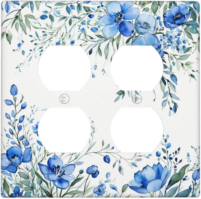 Light Switch Cover Blue Watercolor Flowers Retro Floral Leaves 2 Gang Decorative SwitchPlates Double Duplex Wall Plates Switch Plates and Outlet Covers for Bathroom Bedroom Decor