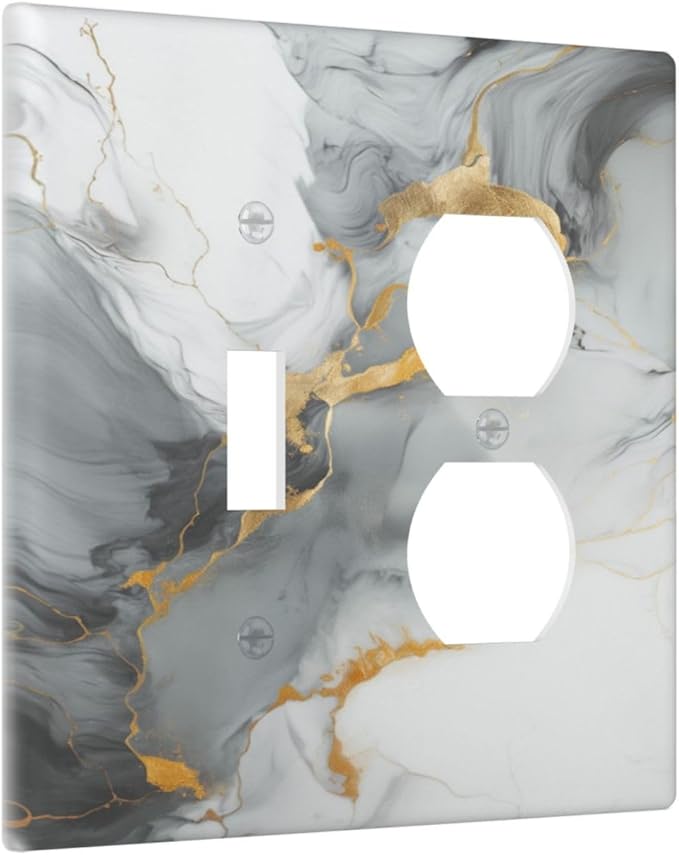 Light Switch Cover Plate Gray/Gold Marble Abstract Modern Luxury 2 Gang Decorative Switch Plates 1 Toggle Duplex Combo Outlet Covers GFCI Wall Plates for Bathroom Bedroom Decor